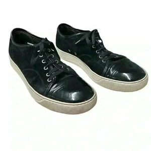 Lanvin  Black Suede And Patent Leather Low Top Sneakers